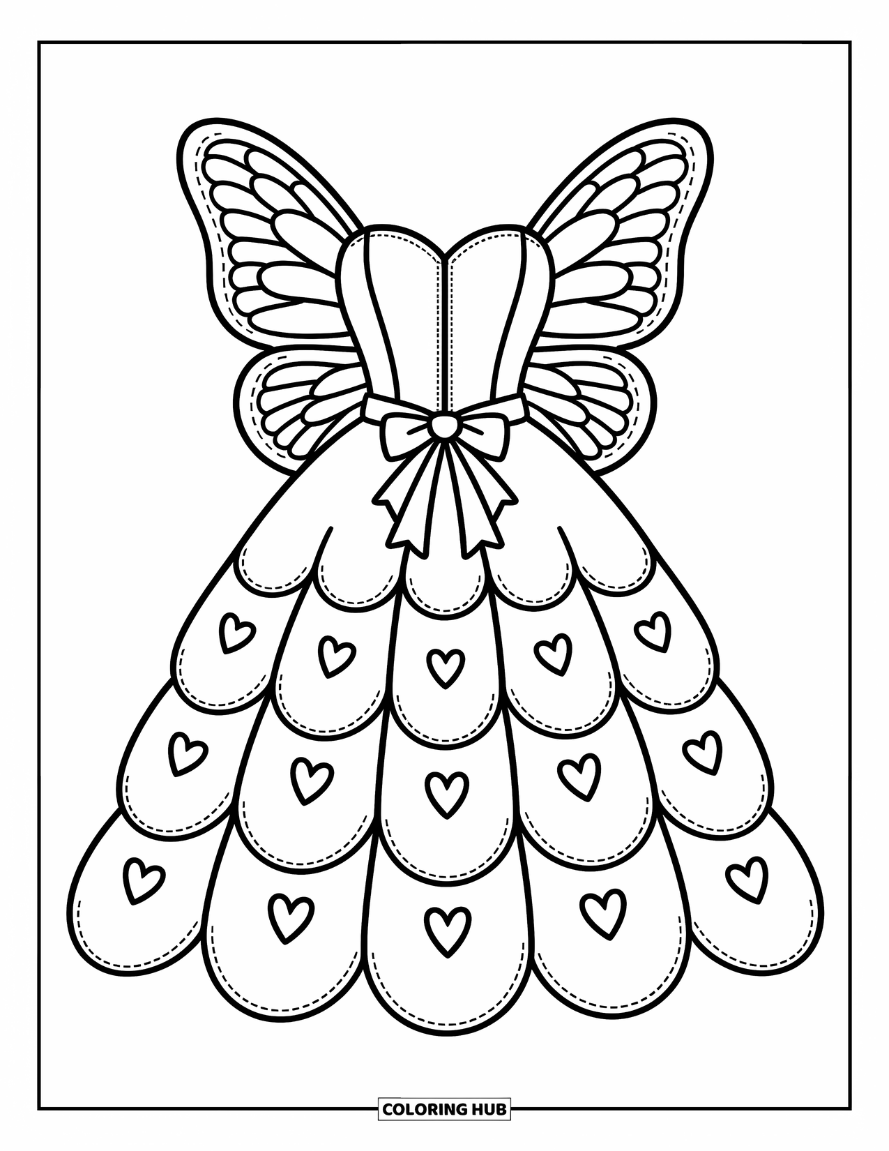Ball Gown Dress Coloring Page for Adults: Butterfly-inspired gown with heart-edged petals and a flowy ribbon bow