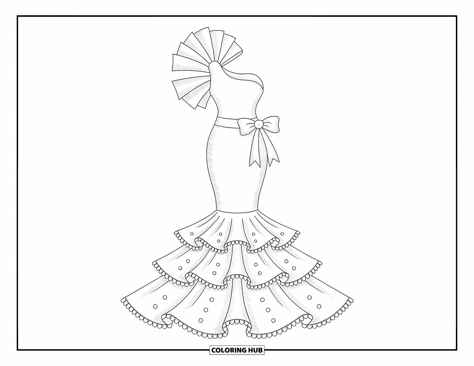 Ball Gown Dress Coloring Page for Adults: Graceful gown with swooping neckline, swan-wing skirt, and floral bow at the waist