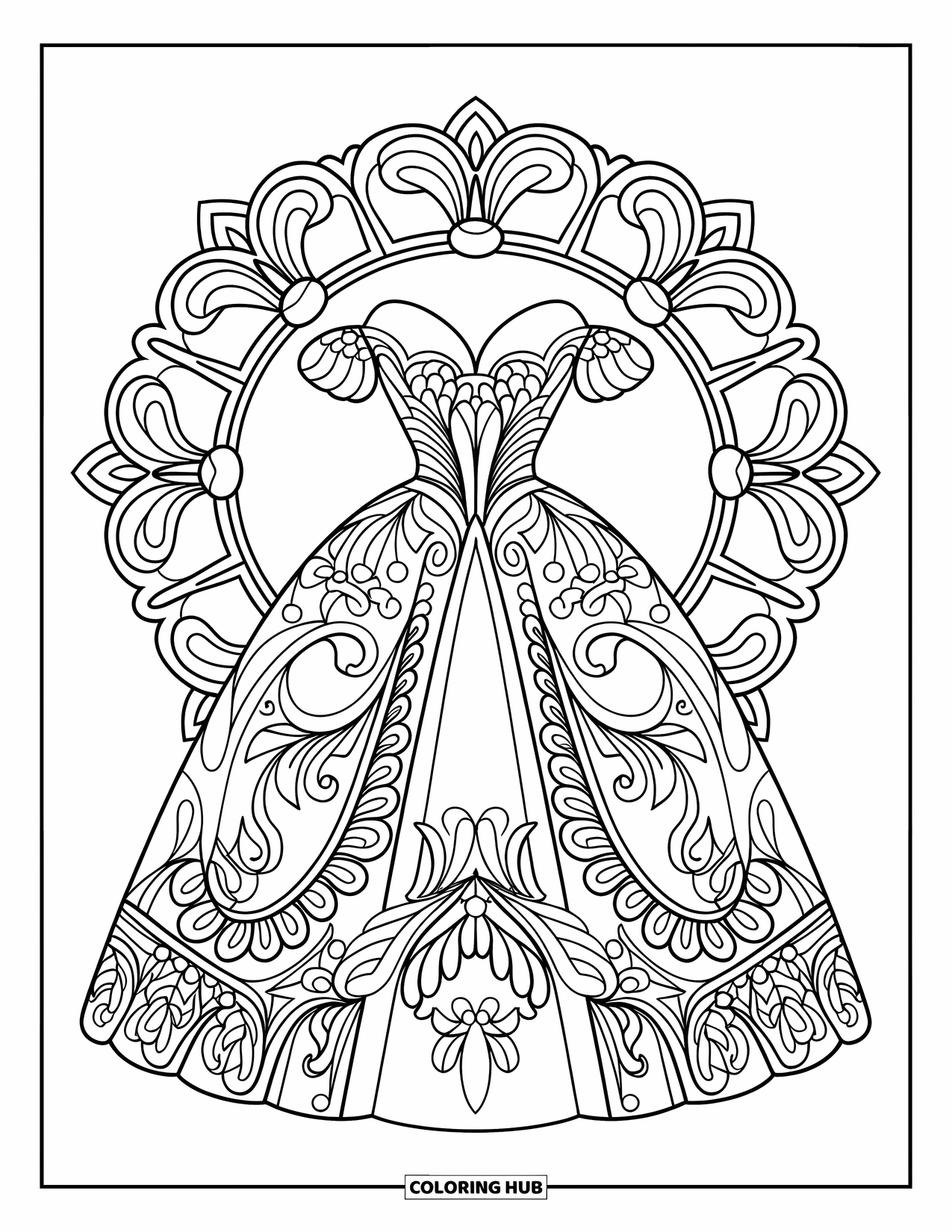 Ball Gown Dress Coloring Page for Adults: Intricate baroque dress framed by blooming mandala with vines and petals