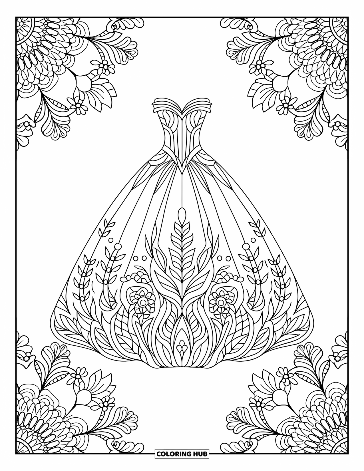 Ball Gown Dress Coloring Page for Adults: Intricate gown framed by floral mandala vines and leafy swirls