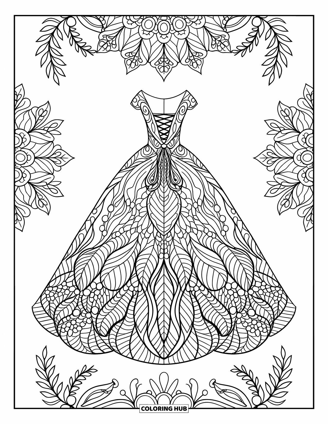 Ball Gown Dress Coloring Page for Adults: Lace-up ball gown surrounded by botanical mandala of vines and flowers