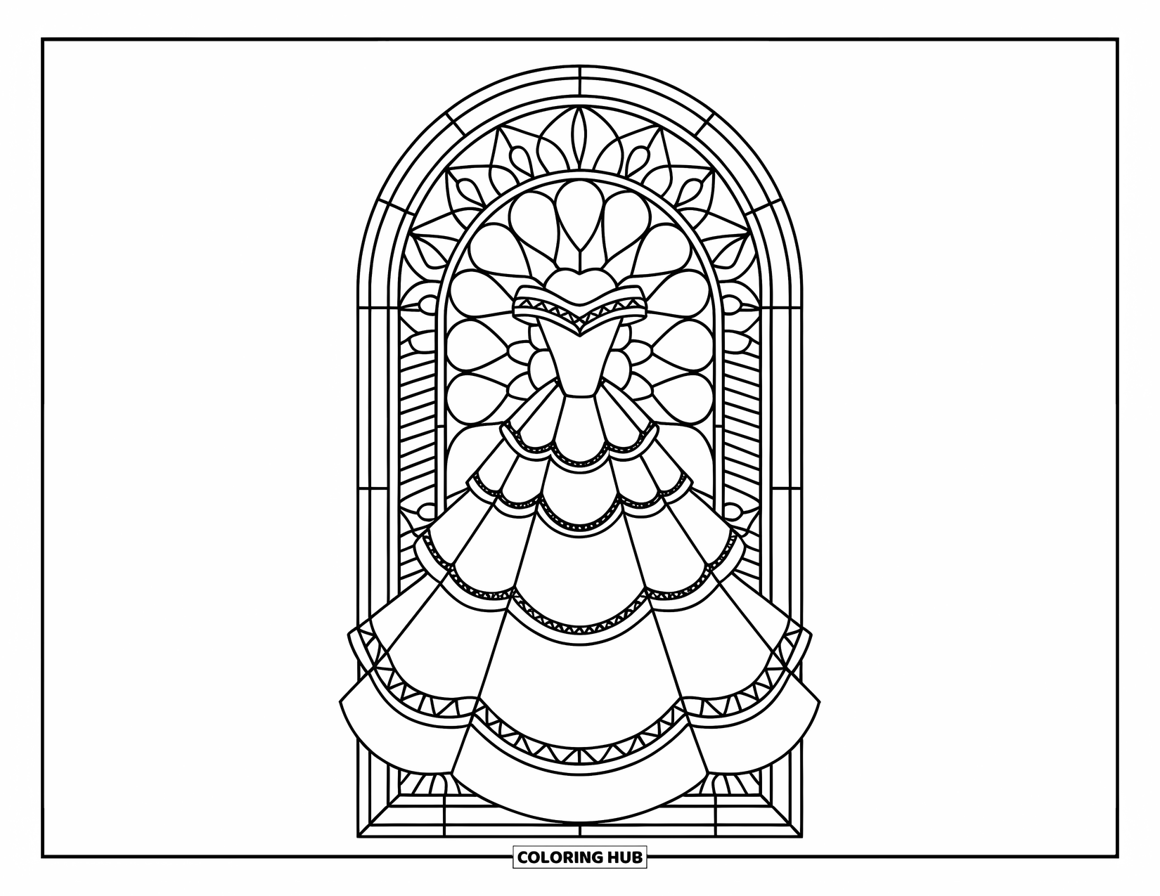 Ball Gown Dress Coloring Page for Adults: Layered ball gown centered in a floral stained glass window