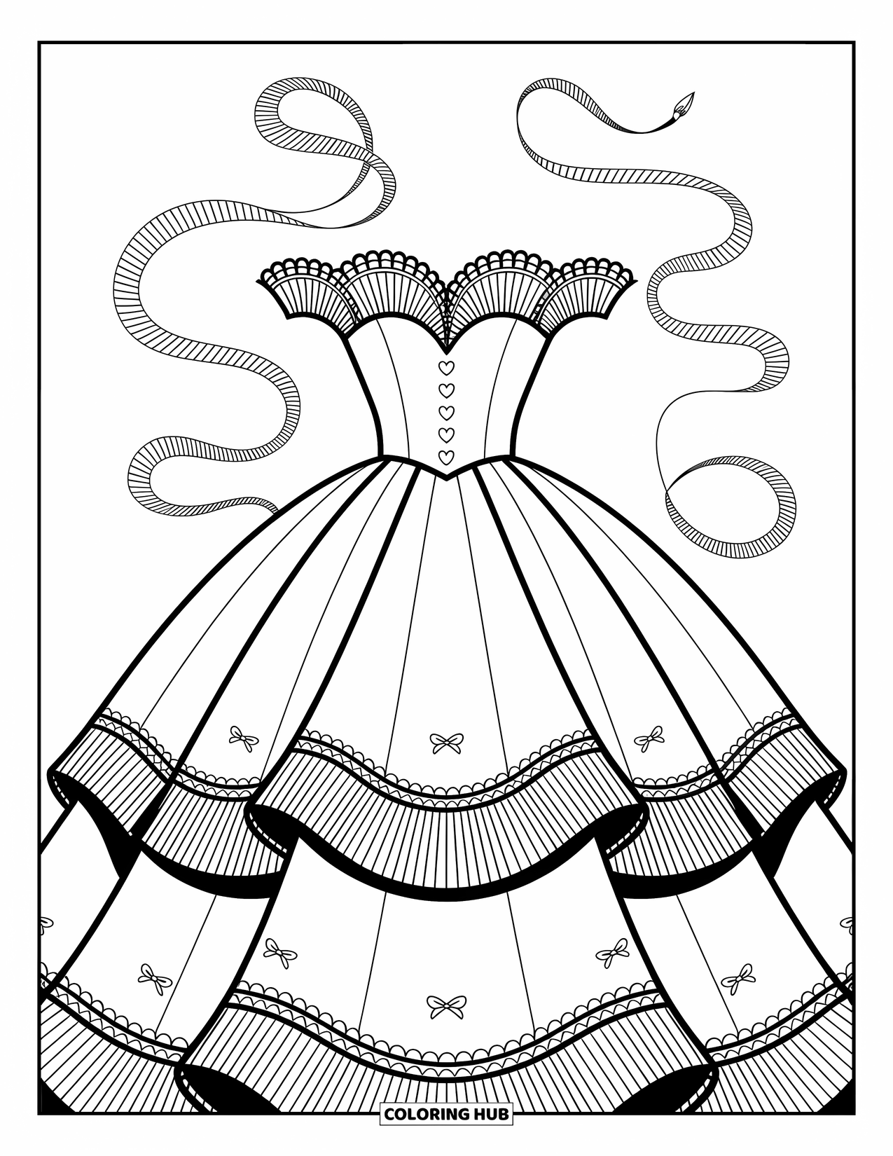 Ball Gown Dress Coloring Page for Adults: Layered ball gown with fan lace, heart buttons, and trailing ribbon vines