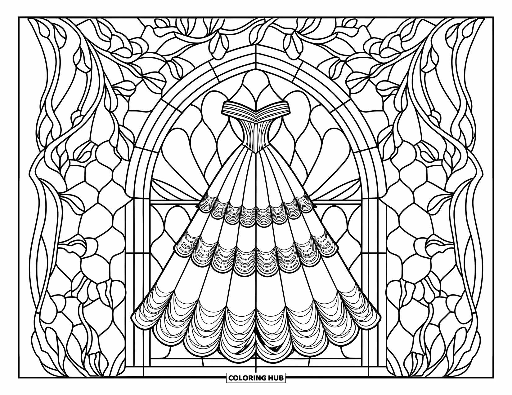 Ball Gown Dress Coloring Page for Adults: Layered gown in a stained glass frame with floral borders and curling vines