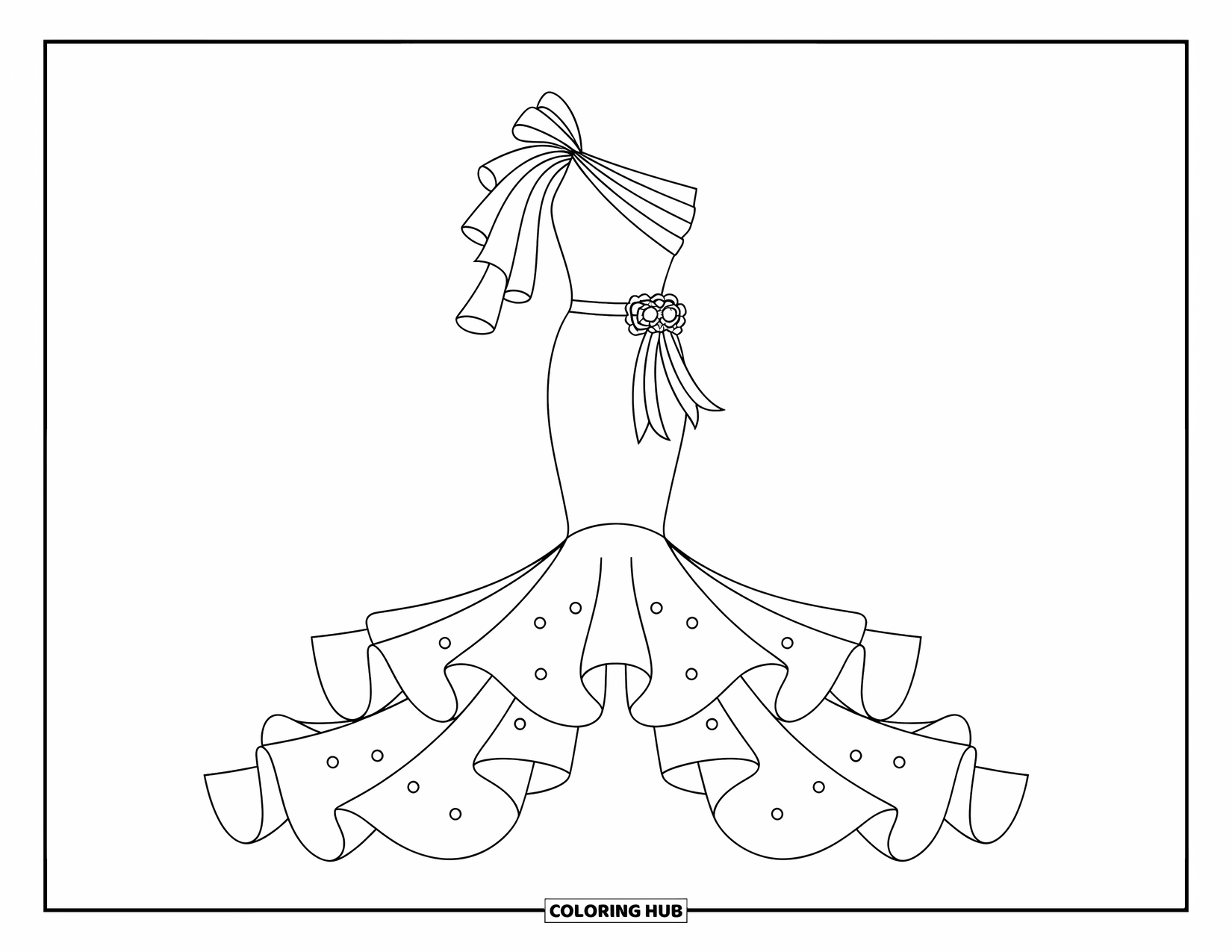 Ball Gown Dress Coloring Page for Adults: Mermaid gown with swan-shaped neckline, ribbon shoulder, and wing-like flared skirt