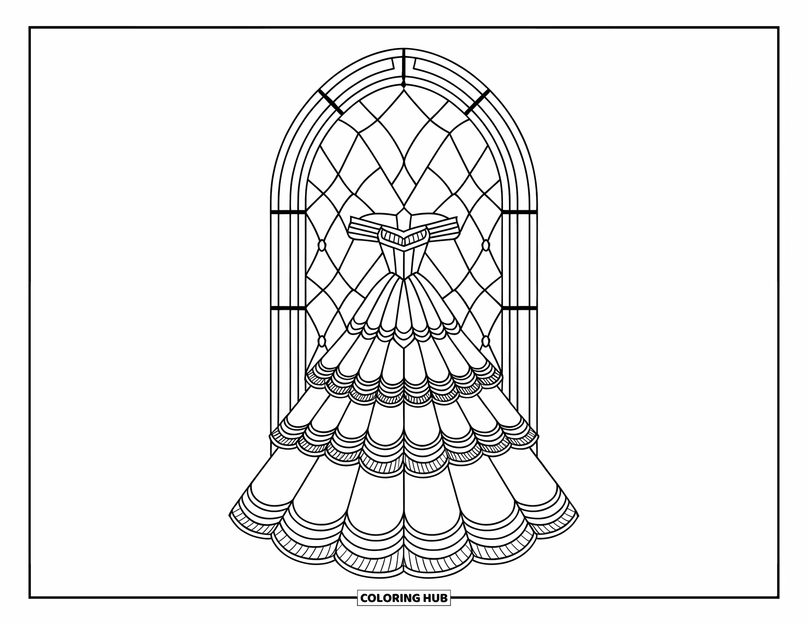 Ball Gown Dress Coloring Page for Adults: Off-shoulder ball gown framed by stained glass window and bold floral designs