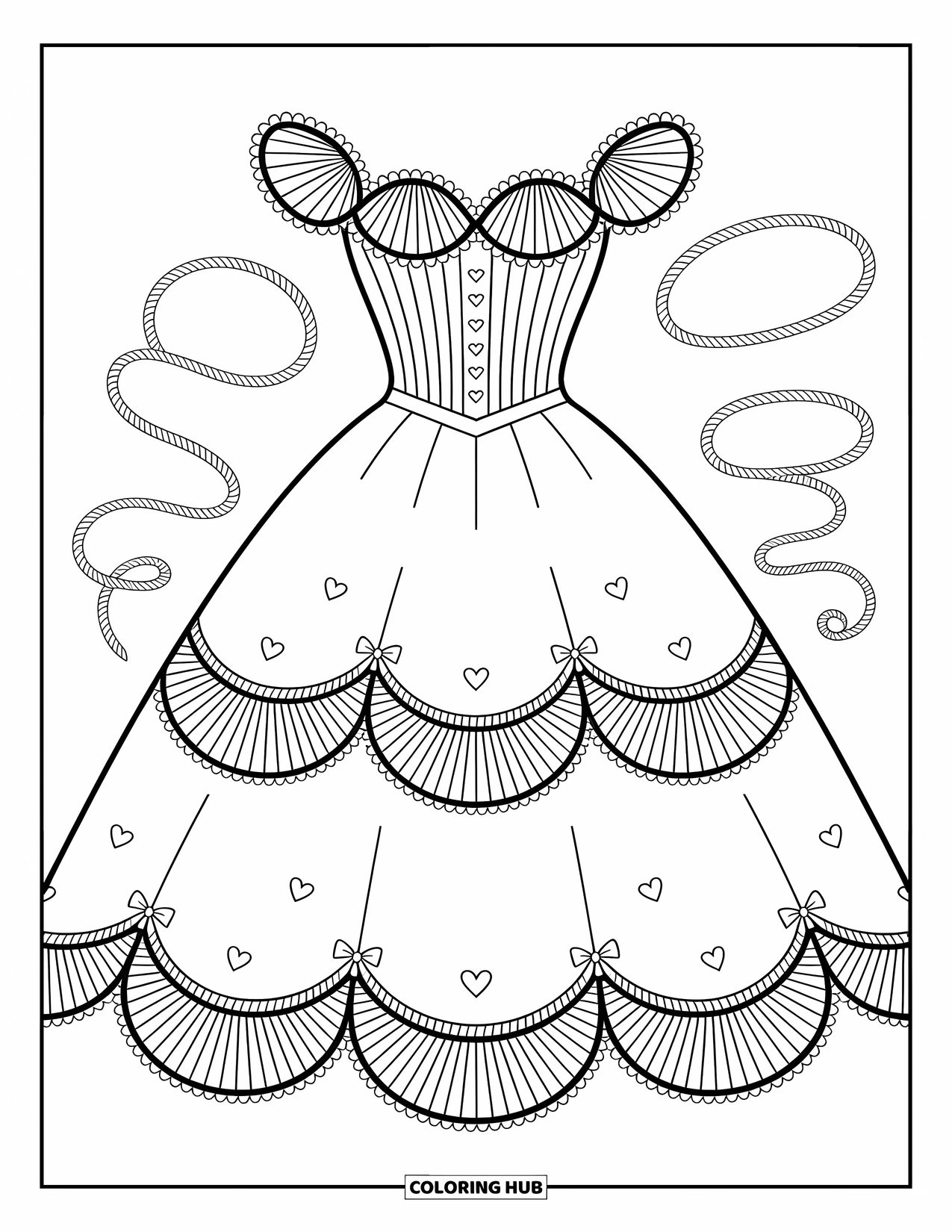 Ball Gown Dress Coloring Page for Adults: Off-shoulder dress with lace fans, bows, and ribbon-like vines across layered flares