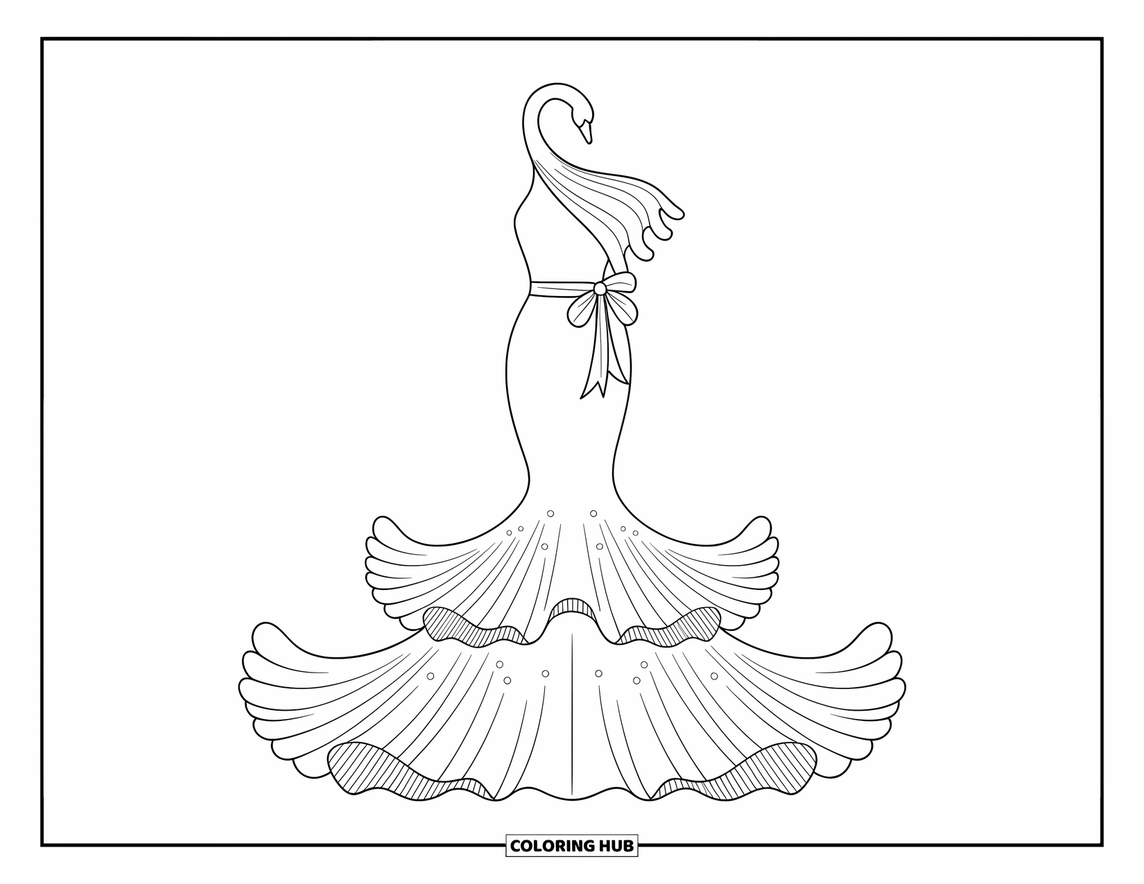 Ball Gown Dress Coloring Page for Adults: Swan-inspired mermaid dress with pearl flounces, floral sash, and cascading ribbon shoulder