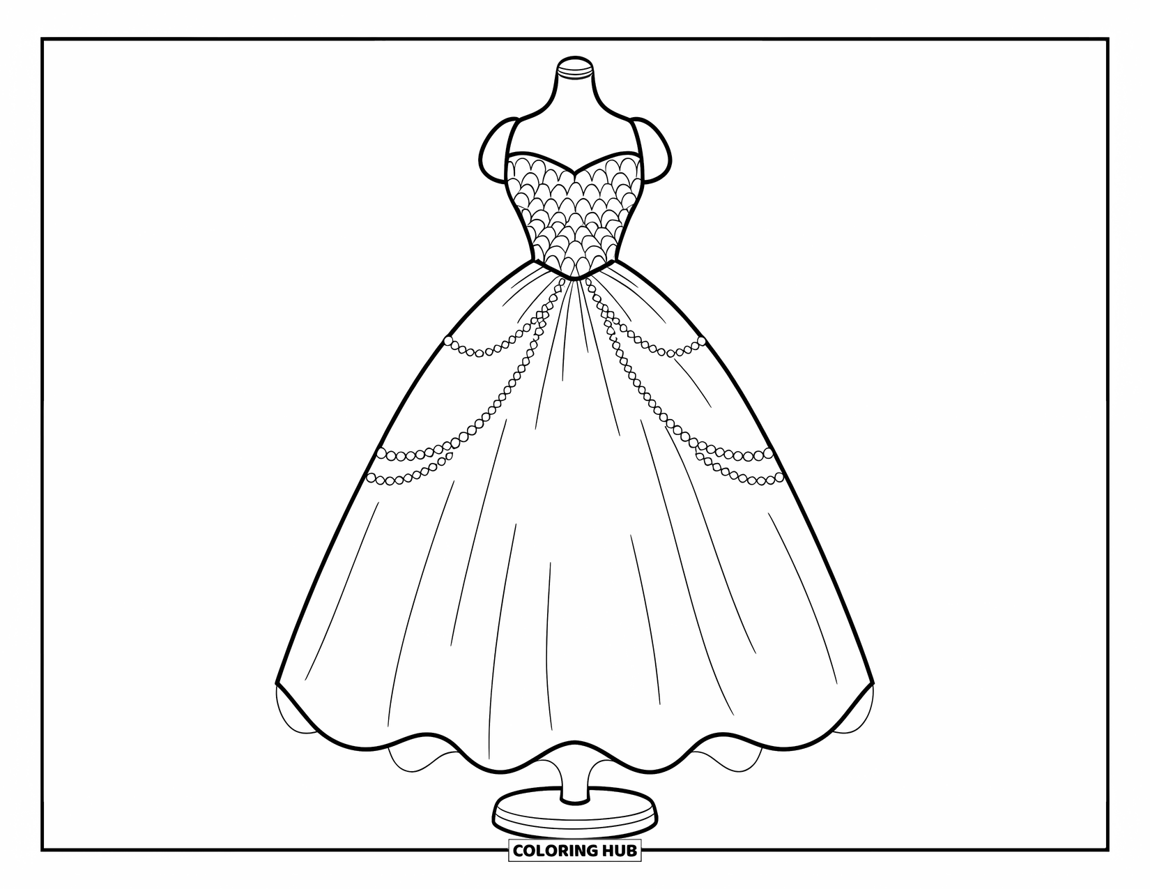 Ball Gown Dress Coloring Page for Kids: Ball gown with lace bodice and pearls rests on a dress form