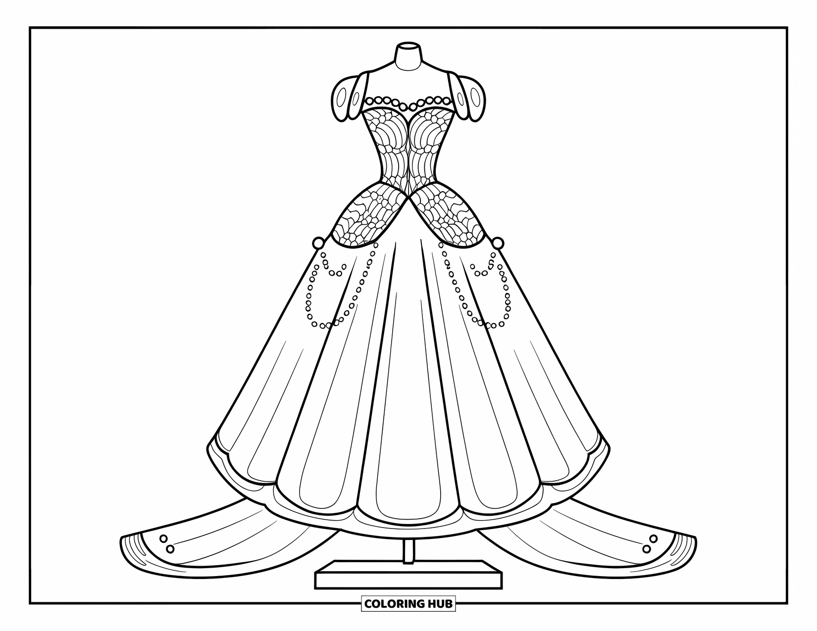 Ball Gown Dress Coloring Page for Kids: Ball gown with long train, pearls, and sweetheart neckline sits on a podium
