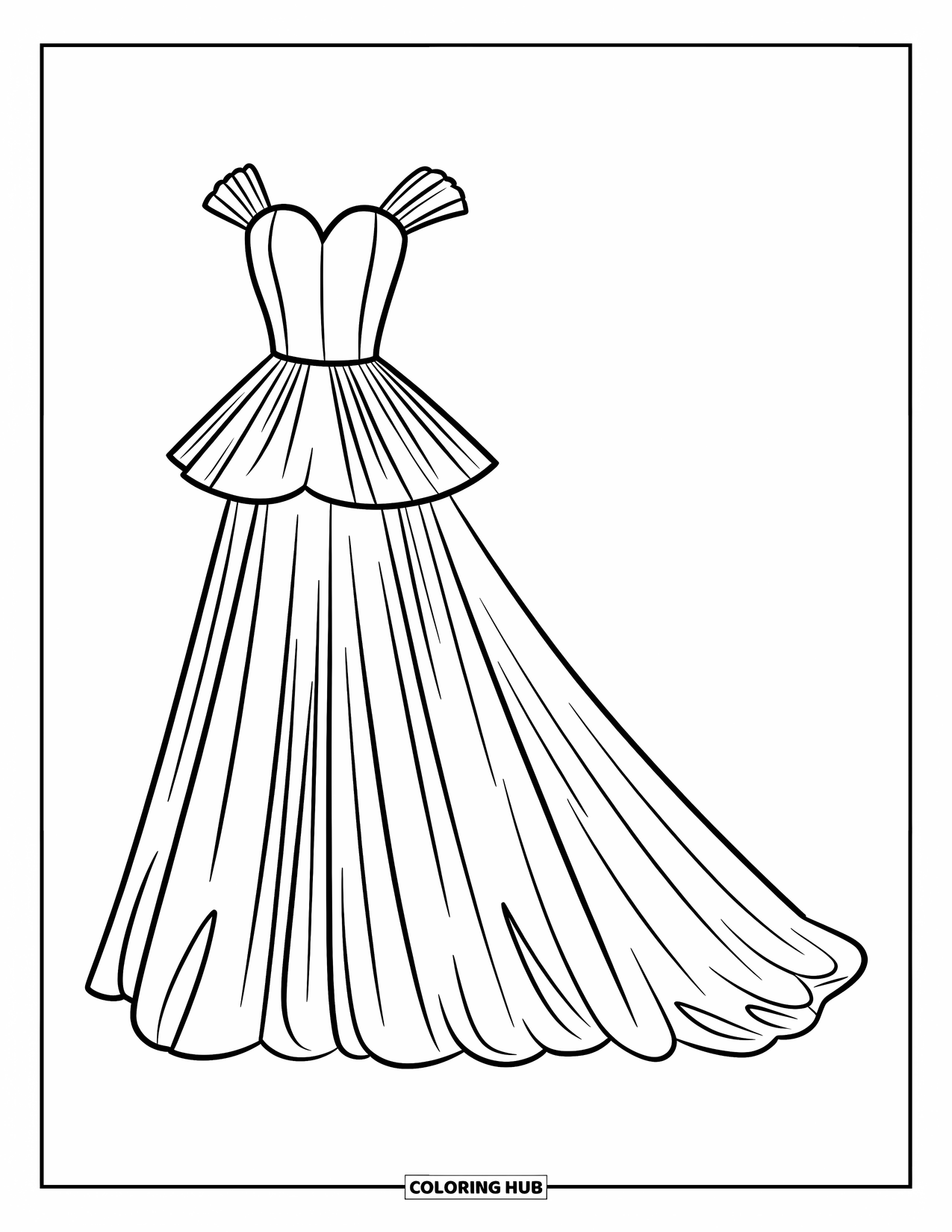 Ball Gown Dress Coloring Page for Kids: Bold peplum gown with sweetheart neckline and floor-length train