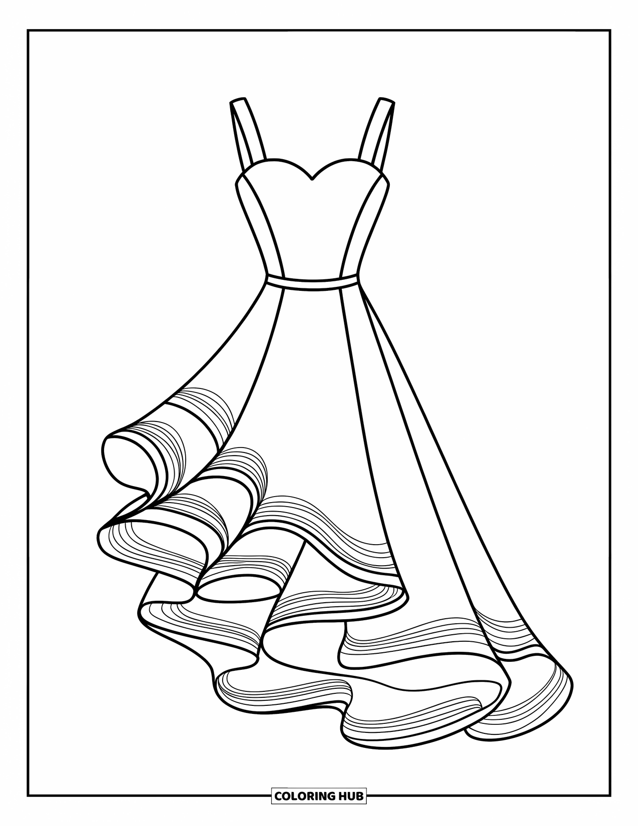 Ball Gown Dress Coloring Page for Kids: Cascading ruffle gown with angled hemline in expressive silhouette