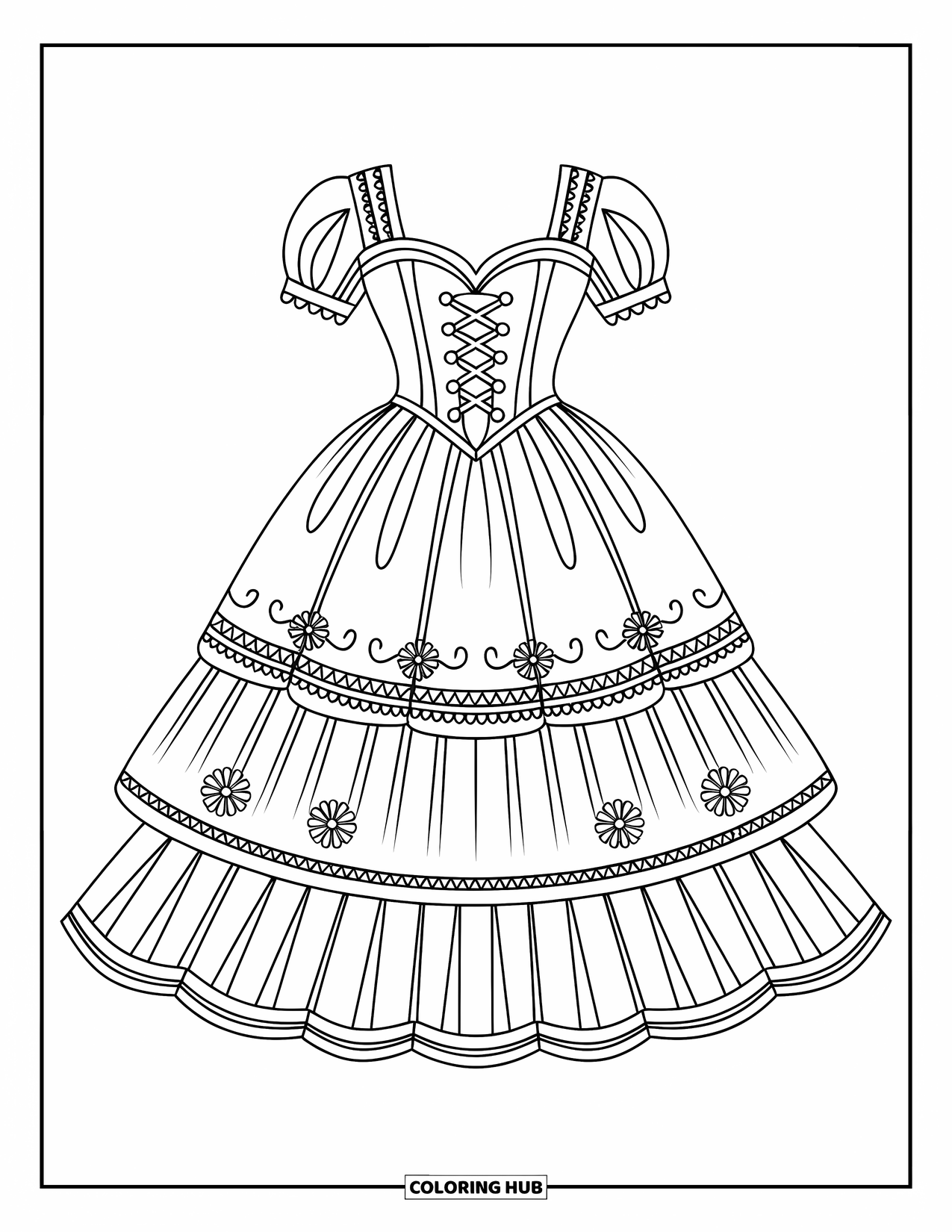 Ball Gown Dress Coloring Page for Kids: Corset dress with sweetheart neckline, pleated tiers, and decorative buttons