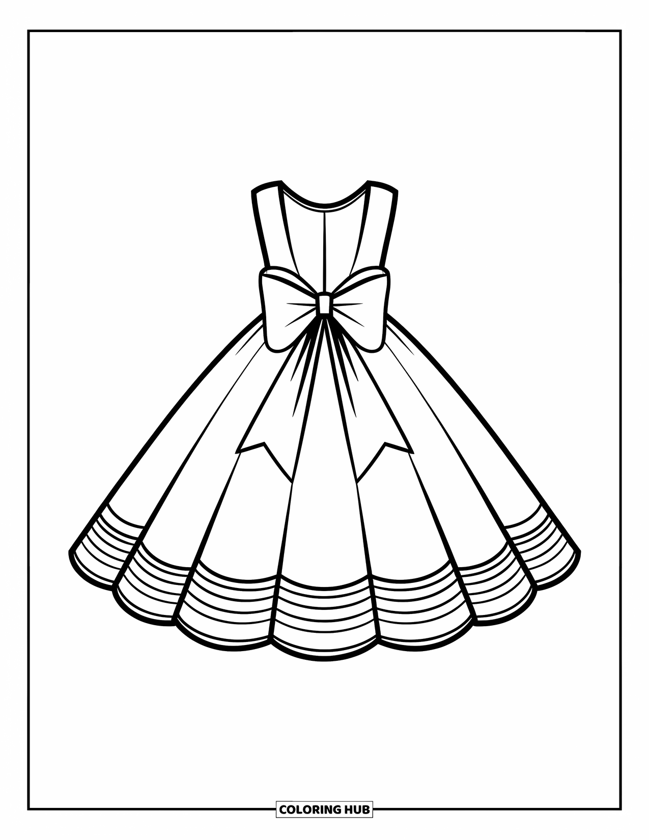 Ball Gown Dress Coloring Page for Kids: Dress twirls with a wide skirt and a cheerful bow on the back