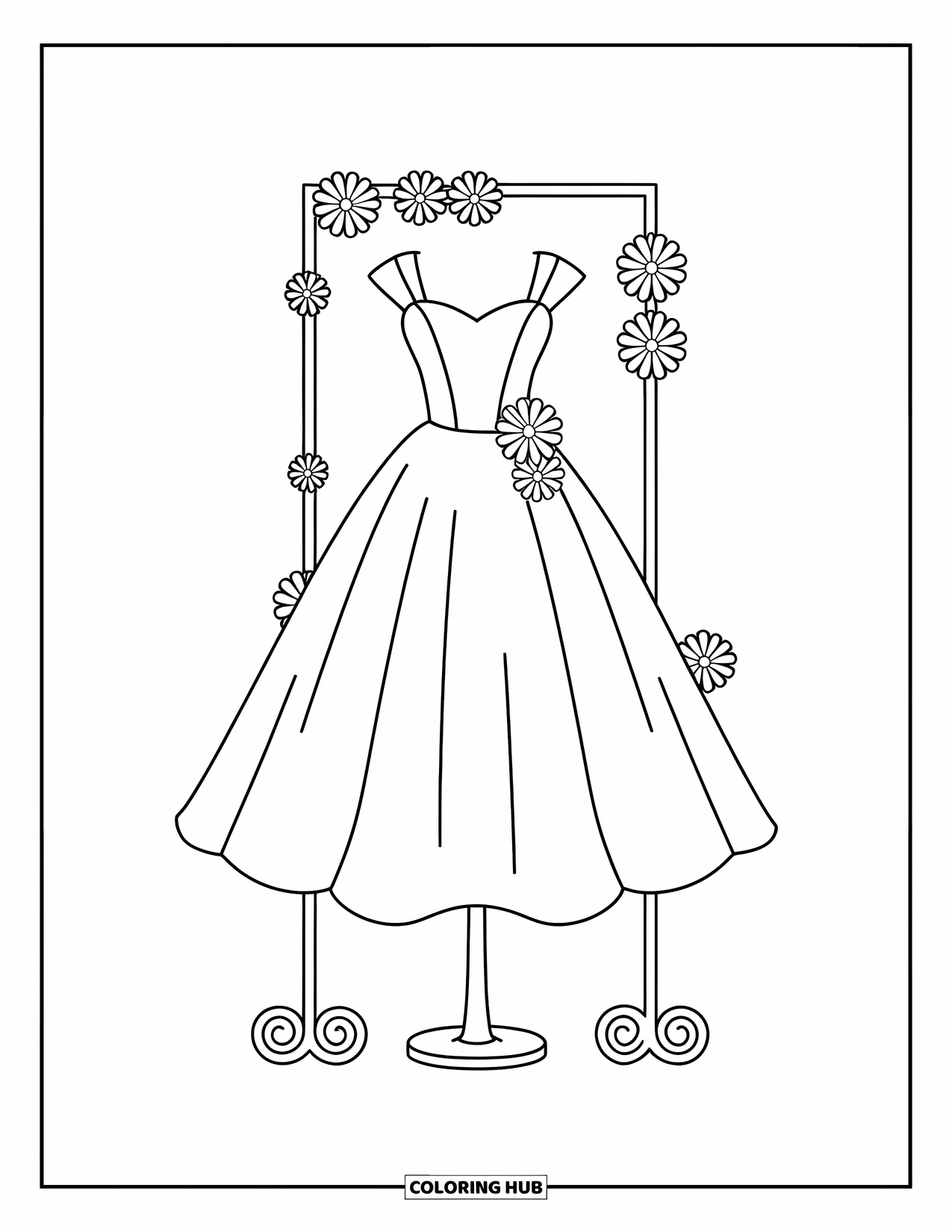Ball Gown Dress Coloring Page for Kids: Dress with cap sleeves, full skirt, and floral accents on dress and stand
