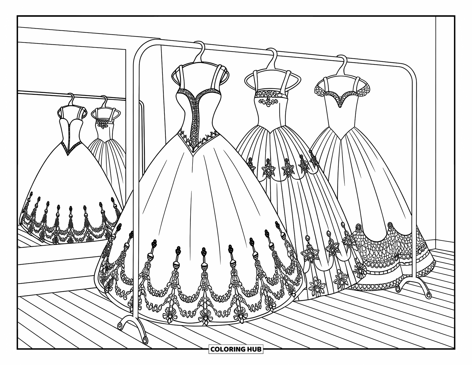 Ball Gown Dress Coloring Page for Kids: Dressing room with gowns on a rack and mannequins nearby