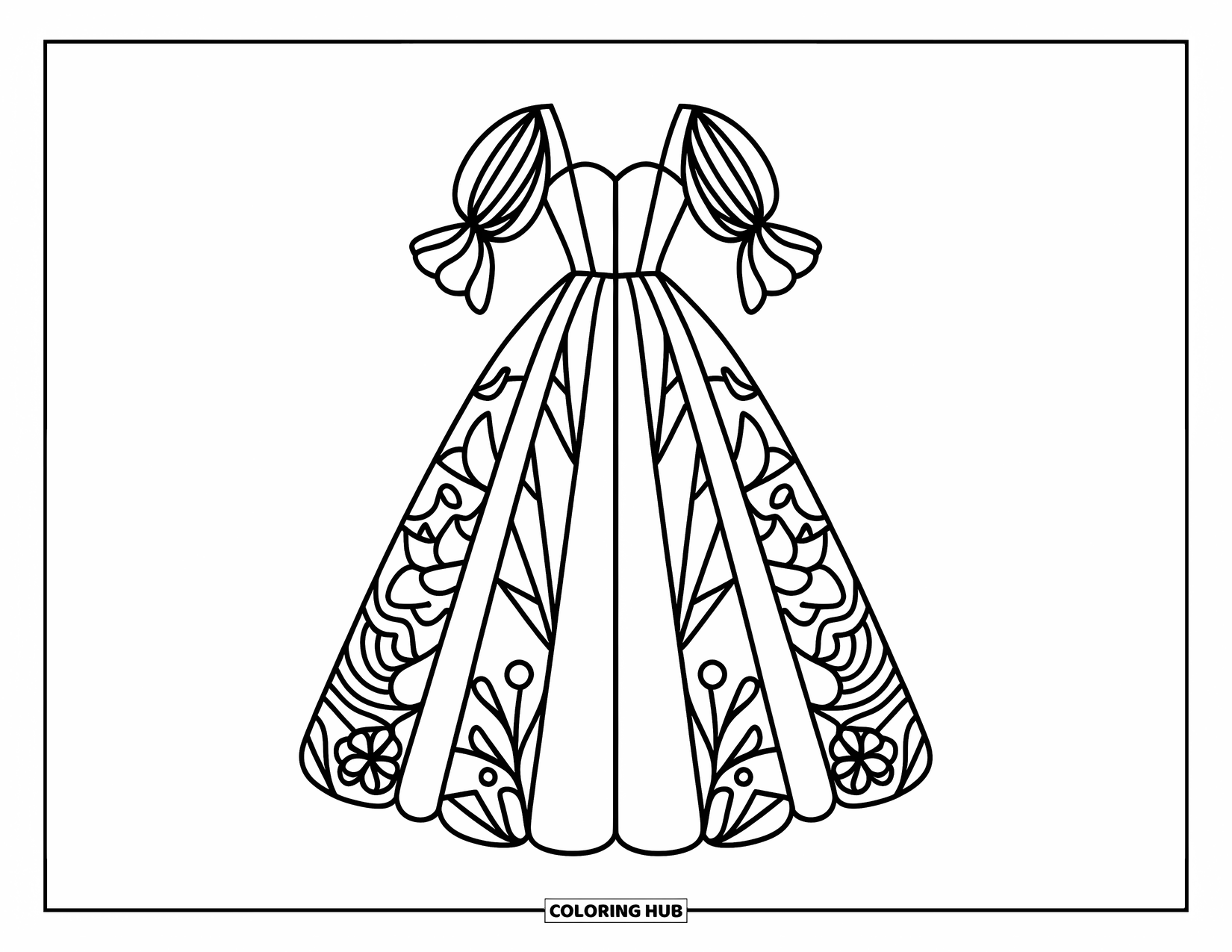 Ball Gown Dress Coloring Page for Kids: Elegant dress with puff sleeves and floral skirt feels modern and expressive