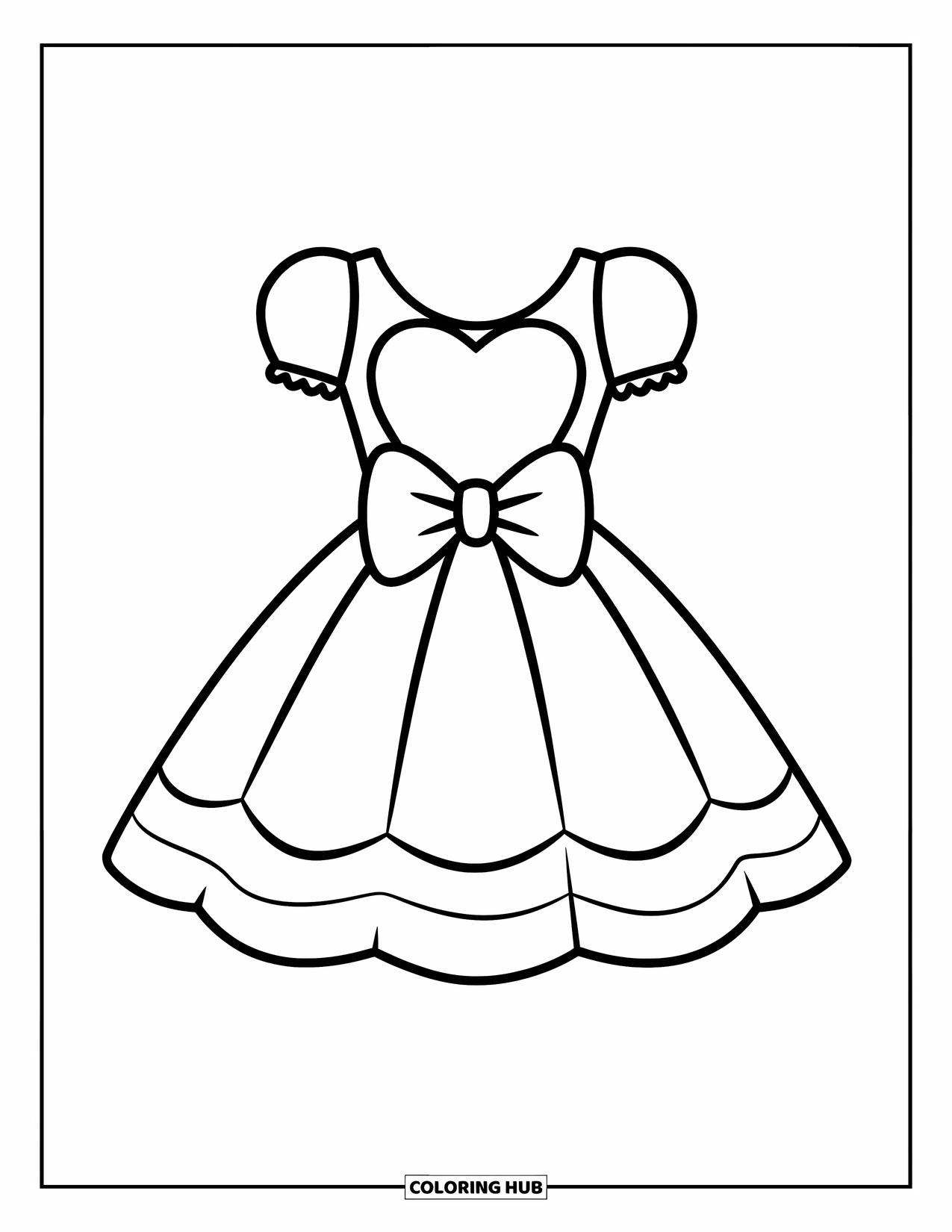 Ball Gown Dress Coloring Page for Kids: Fluffy gown with heart-shaped bodice and large waist bow