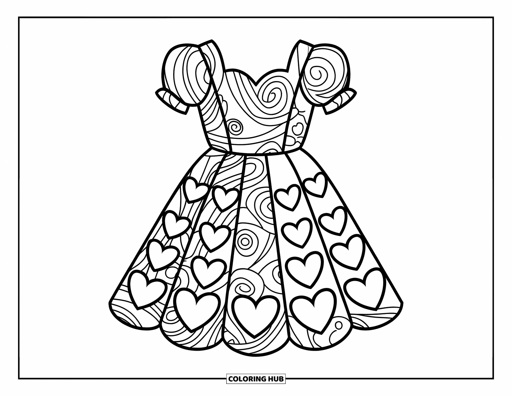 Ball Gown Dress Coloring Page for Kids: Full-skirt dress with heart details and a sweetheart neckline