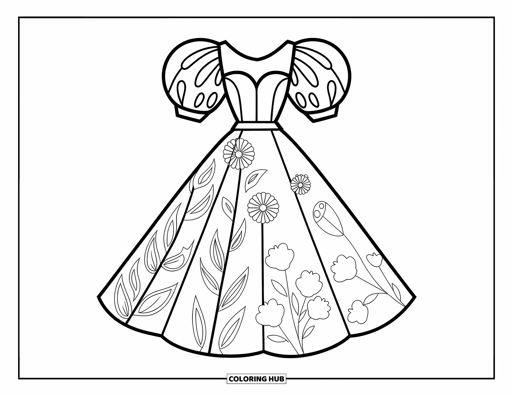 Ball Gown Dress Coloring Page for Kids: Gown with puff sleeves and floral panels stands out with its empire waist