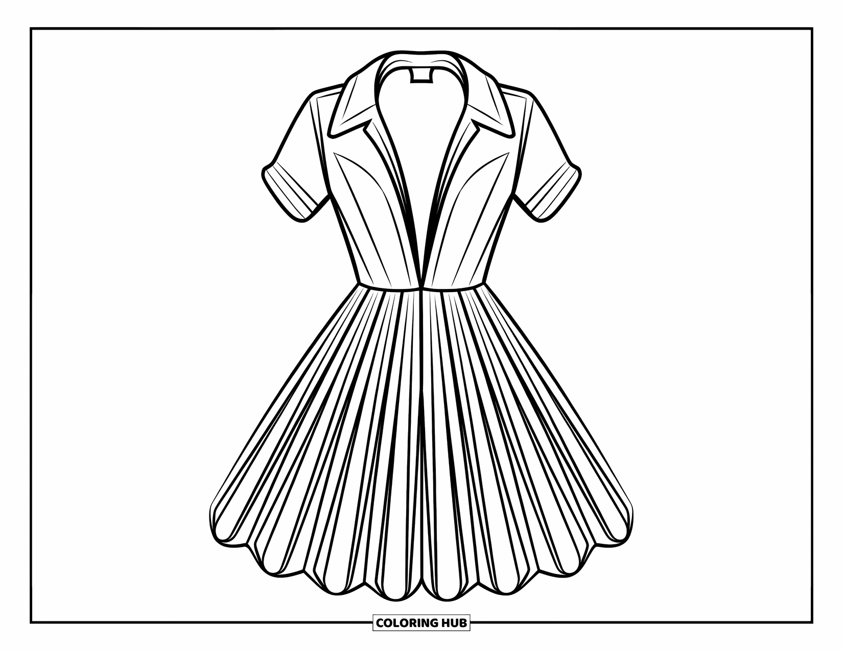 Ball Gown Dress Coloring Page for Kids: Modern dress with collar and pleats features bold lines and a dramatic neckline