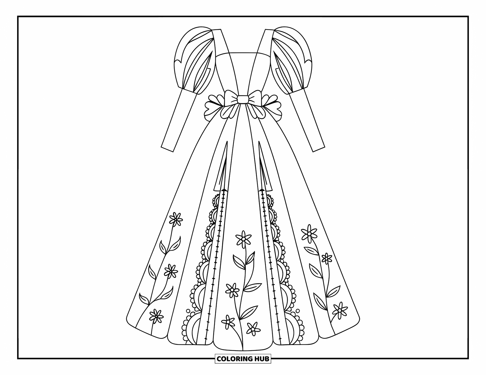 Ball Gown Dress Coloring Page for Kids: Puff sleeve gown with lace panels and a bow offers graceful detail