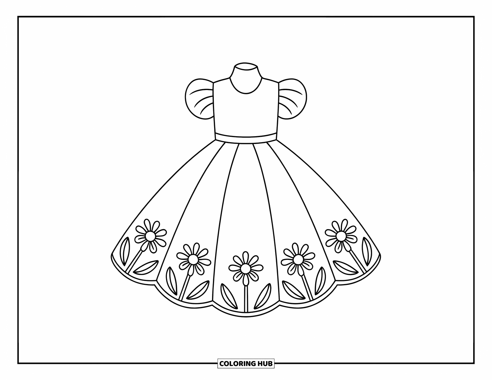 Ball Gown Dress Coloring Page for Kids: Puffy floral dress on a mannequin with bold outlines and playful details