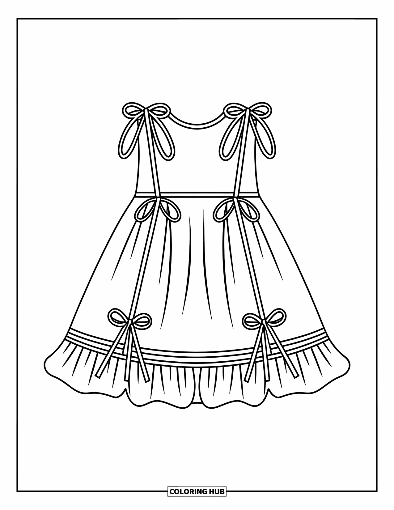 Ball Gown Dress Coloring Page for Kids: Sweet drop-waist dress with bows and ribbon crisscross detail