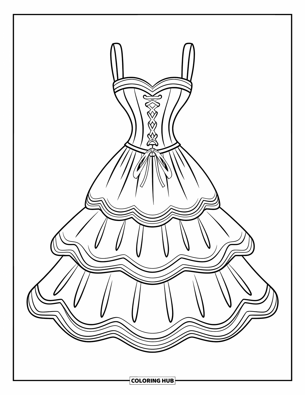 Ball Gown Dress Coloring Page for Kids: Sweetheart corset dress with three gathered skirt tiers and lace-up back