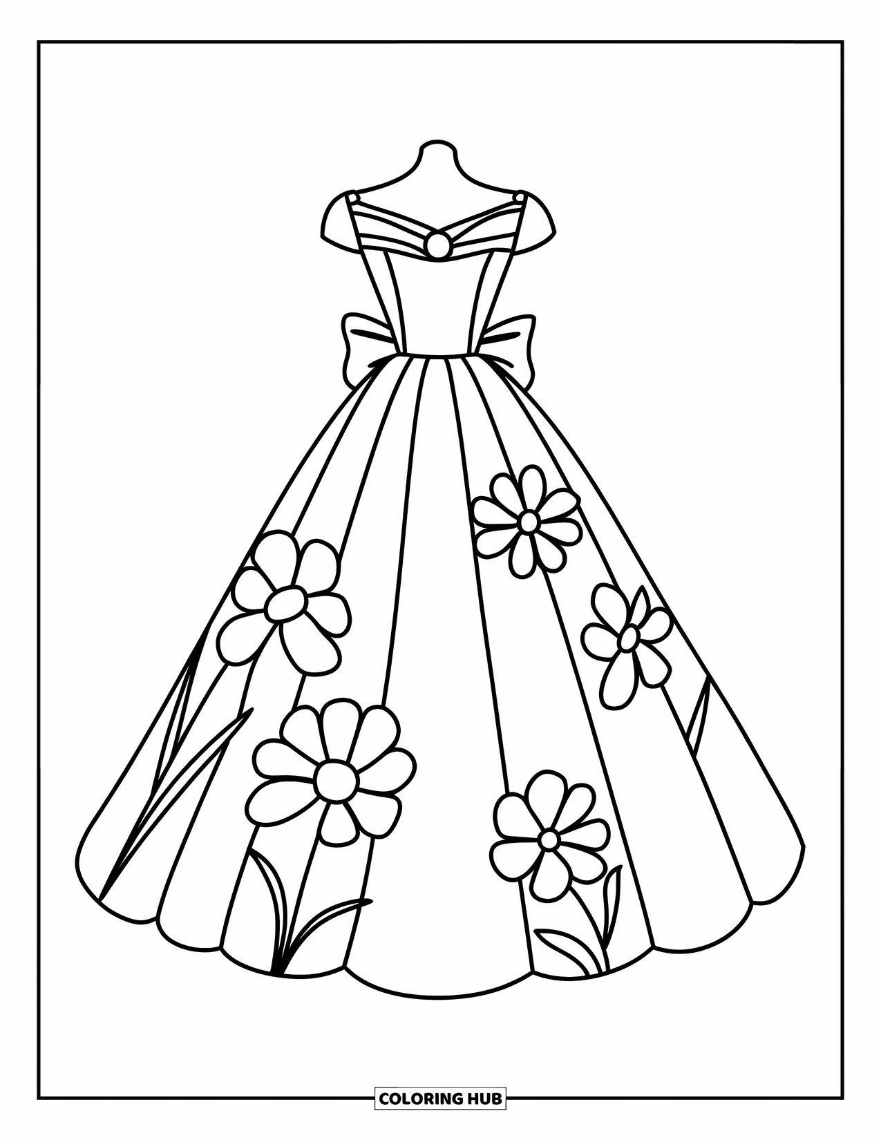 Ball Gown Dress Coloring Page for Kids: Sweetheart dress with empire waist, bow, and flower details on dress form