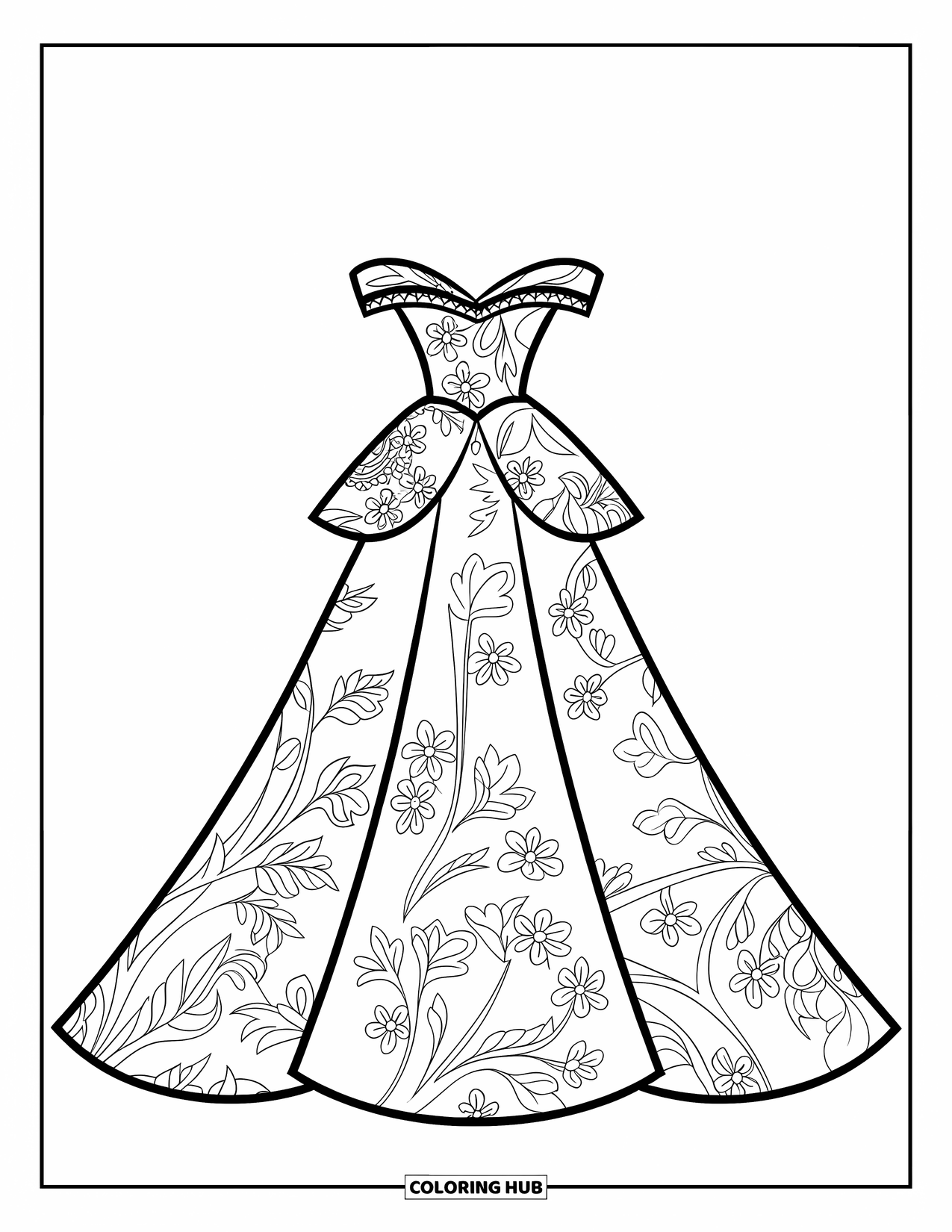 Ball Gown Dress Coloring Page for Kids: Sweetheart gown with soft florals, peplum shape, and small details