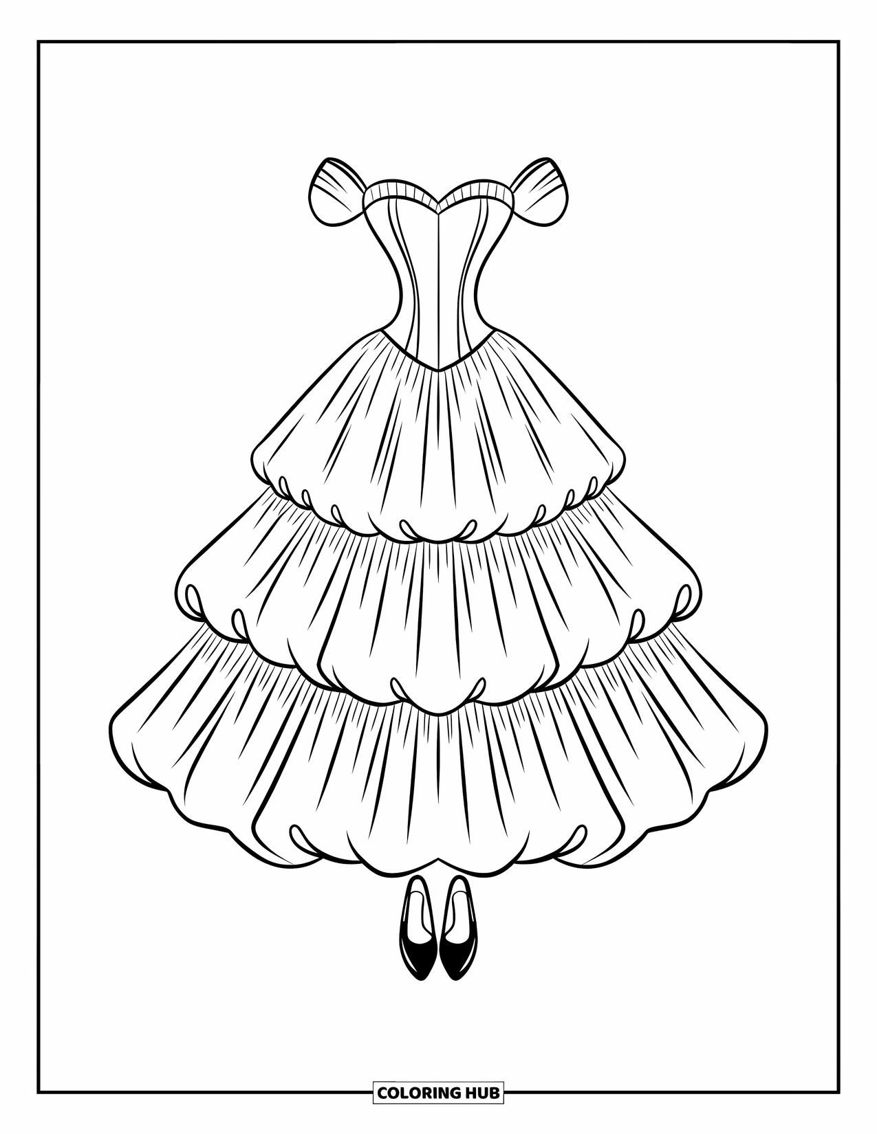Ball Gown Dress Coloring Page for Kids: Tiered corset dress with sweetheart neckline and stylish heels