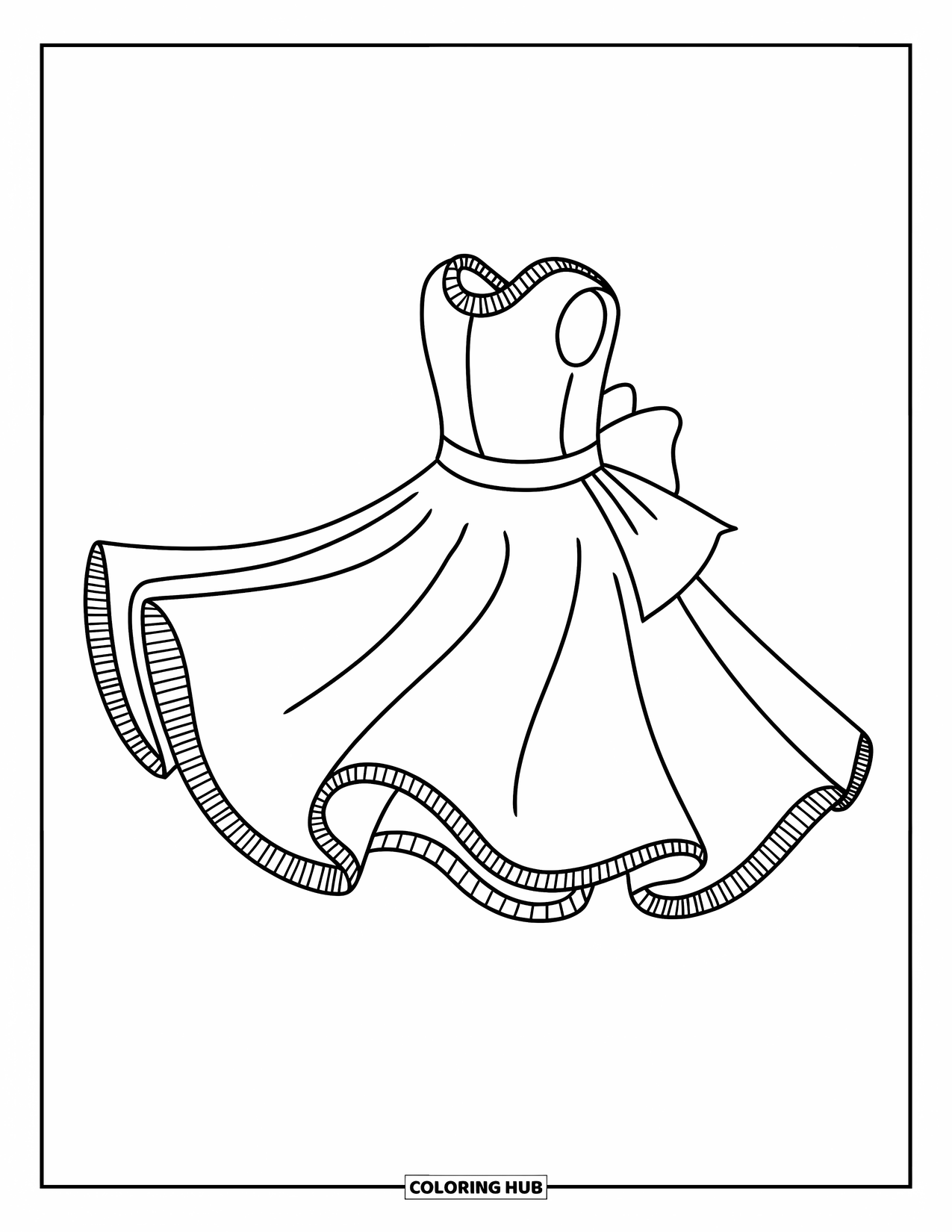 Ball Gown Dress Coloring Page for Kids: Twirling ball gown with full skirt and oversized bow