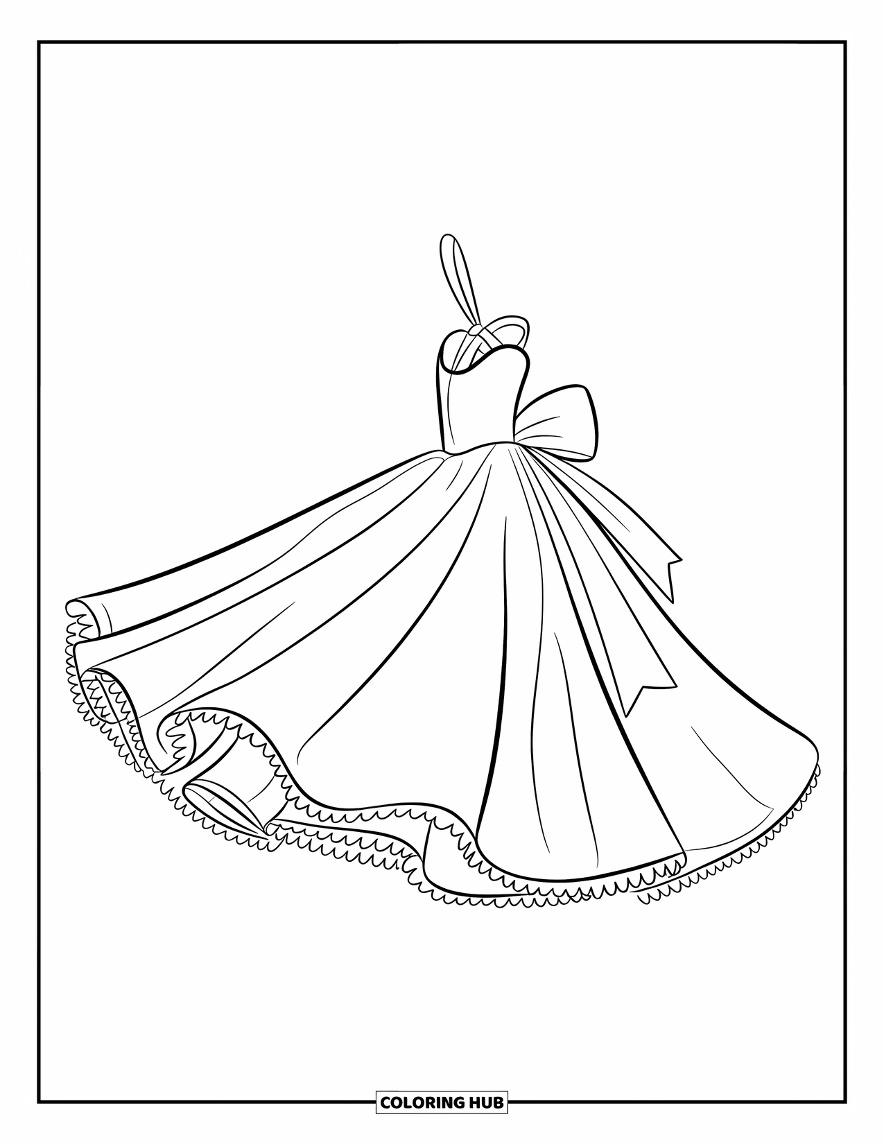 Ball Gown Dress Coloring Page for Kids: Wide-skirted dress spinning with a giant bow tied at the back
