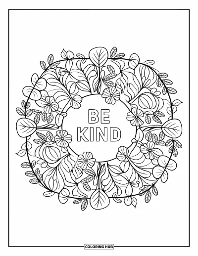 Coloriage sur la gentillesse pour adultes : « Be Kind » centré dans un mandala de feuilles et de vignes