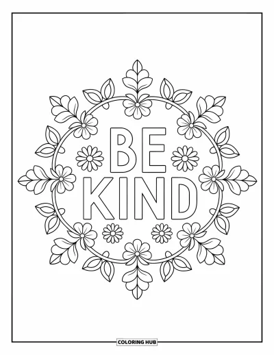 Coloriage sur la gentillesse pour adultes : « Be Kind » à l'intérieur d'un mandala de vignes et de fleurs