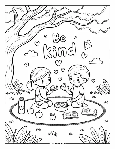 Coloriage sur la gentillesse pour adultes : Garçon et fille pique-niquant ensemble sous des lettres en relief « Be Kind »