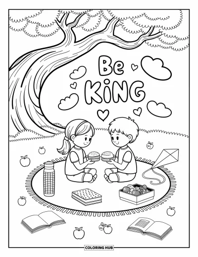 Coloriage sur la gentillesse pour adultes : Enfants profitant d'un pique-nique sous un arbre avec « Be Kind » flottant dans les nuages