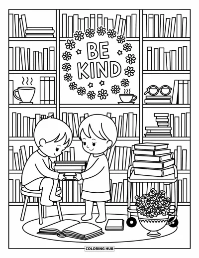 Coloriage sur la gentillesse pour adultes : Enfants se passant des livres dans une bibliothèque chaleureuse avec « Be Kind » au-dessus des étagères