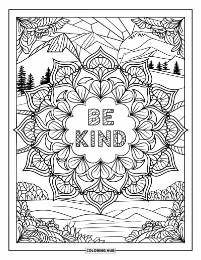 Coloriage sur la gentillesse pour adultes : Mandala pleine page avec « Be Kind » et des bordures décoratives