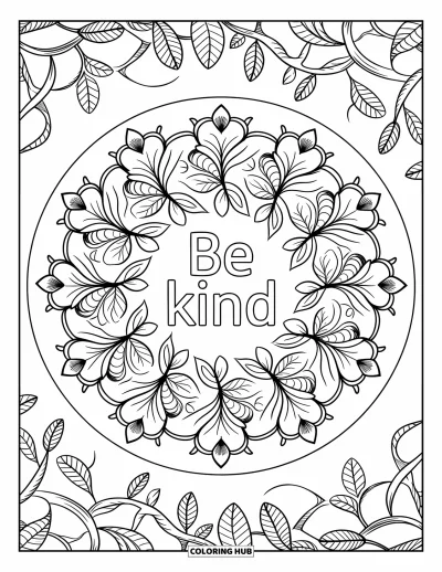 Coloriage sur la gentillesse pour adultes : Mandala botanique complexe avec « Be Kind » en son centre
