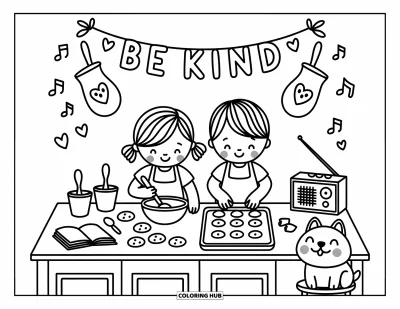 Coloriage sur la gentillesse pour adultes : Moment de pâtisserie joyeux avec deux enfants et « Be Kind » suspendu au-dessus