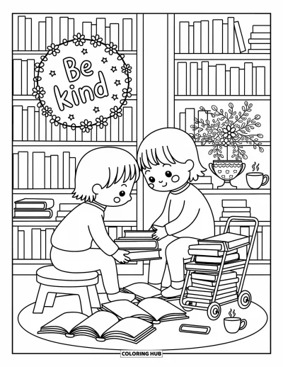 Coloriage sur la gentillesse pour adultes : Enfants rangeant des livres dans une bibliothèque avec « Be Kind » entouré de gribouillis
