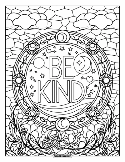 Coloriage sur la gentillesse pour adultes : Cercle en vitrail avec « Be Kind » et un ciel rempli de nuages