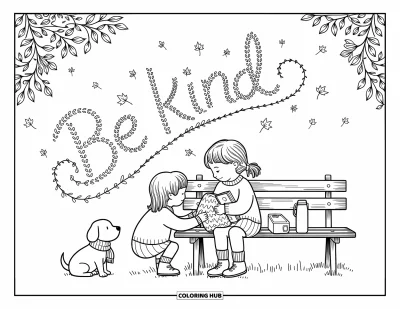 Coloriage sur la gentillesse pour adultes : Deux enfants partageant un moment de douceur par une journée venteuse avec « Be Kind » dans le vent