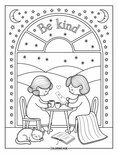 Coloriage sur la gentillesse pour adultes : Deux amis s'échangent un mot près d'une fenêtre avec « Be Kind » dans les étoiles