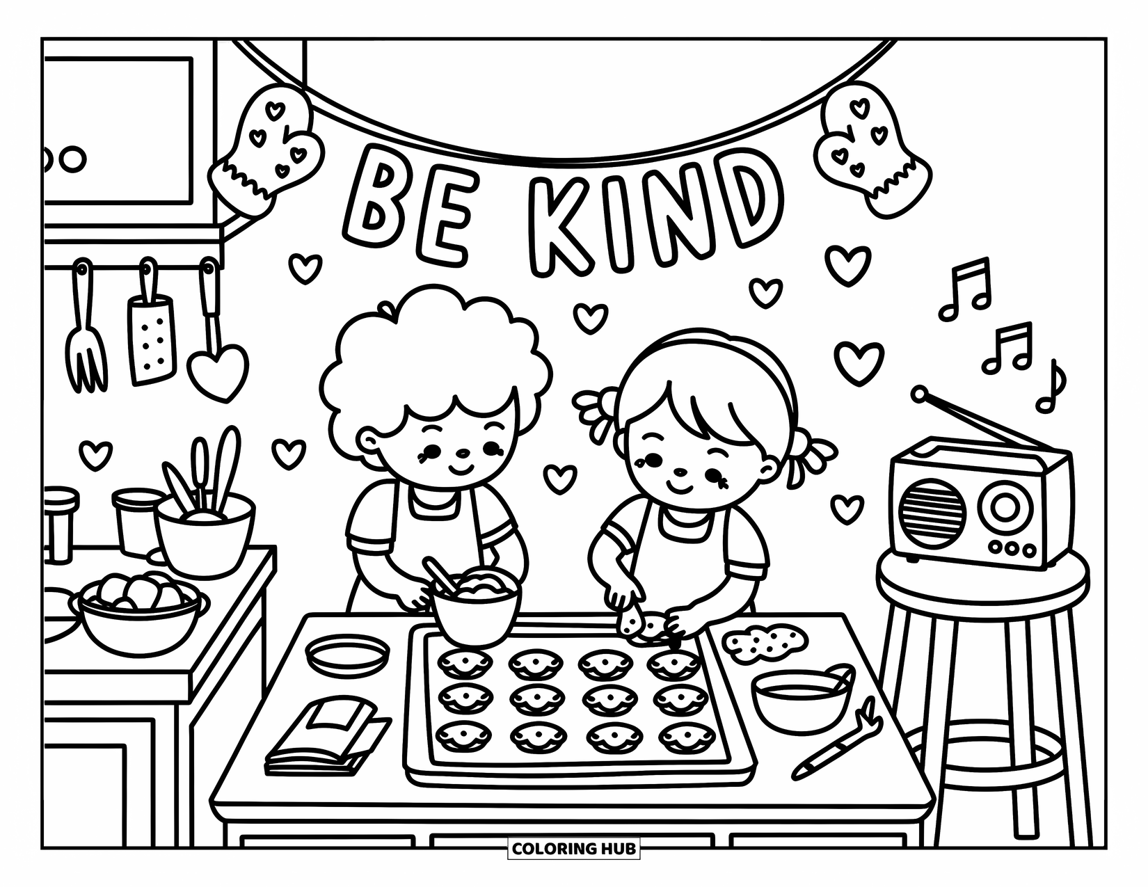 Be Kind Coloring Page for Adults: Two kids baking cookies in a cozy kitchen under a "Be Kind" banner