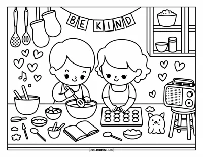 Coloriage sur la gentillesse pour adultes : Scène de cuisine chaleureuse d'enfants préparant des biscuits avec une banderole « Be Kind »