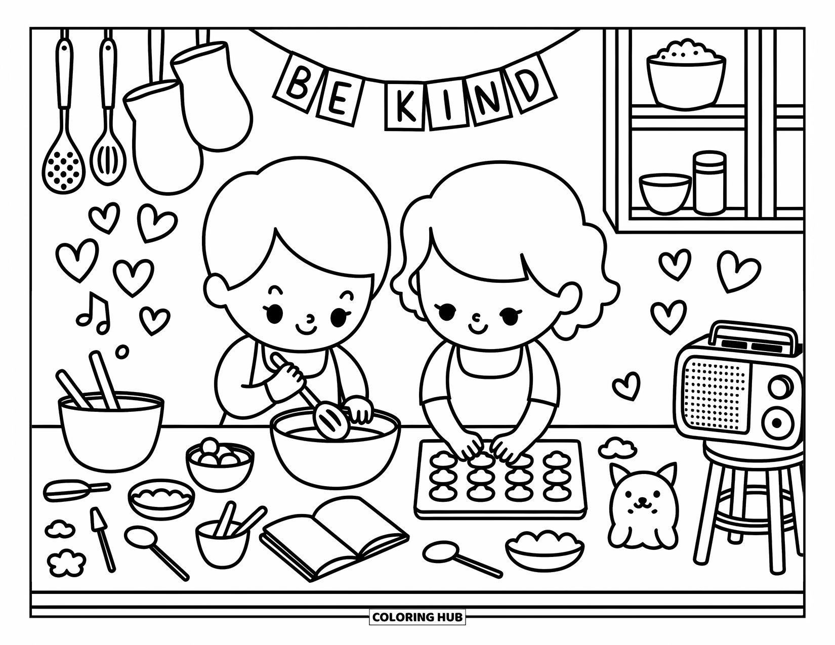 Be Kind Coloring Page for Adults: Warm kitchen scene of kids baking cookies with "Be Kind" banner