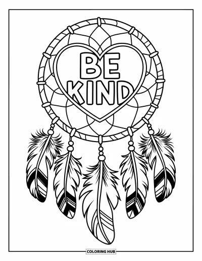 Coloriage sur la gentillesse pour enfants : « Be Kind » à l'intérieur d'un attrape-rêves en forme de cœur avec des plumes